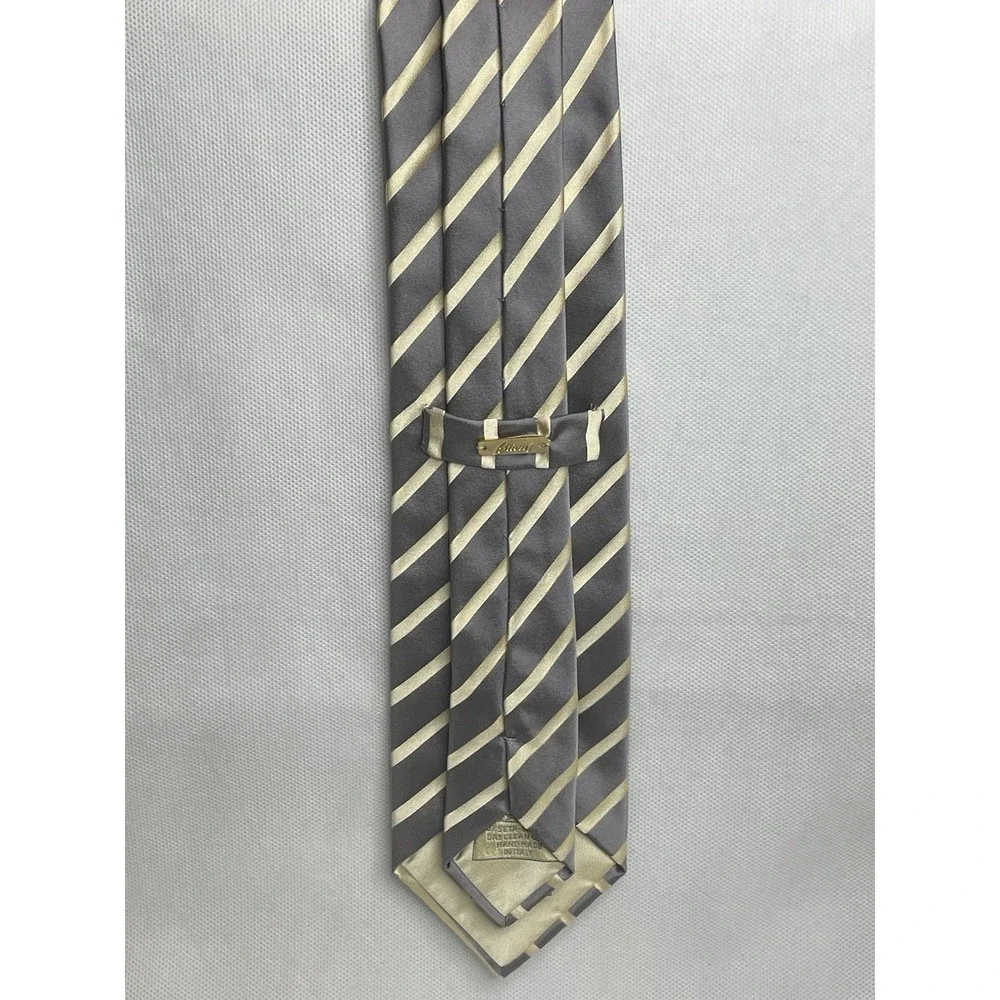 Brioni Classic Thick Repp Silk Striped Tie Gray Yellow Handmade Italian Necktie